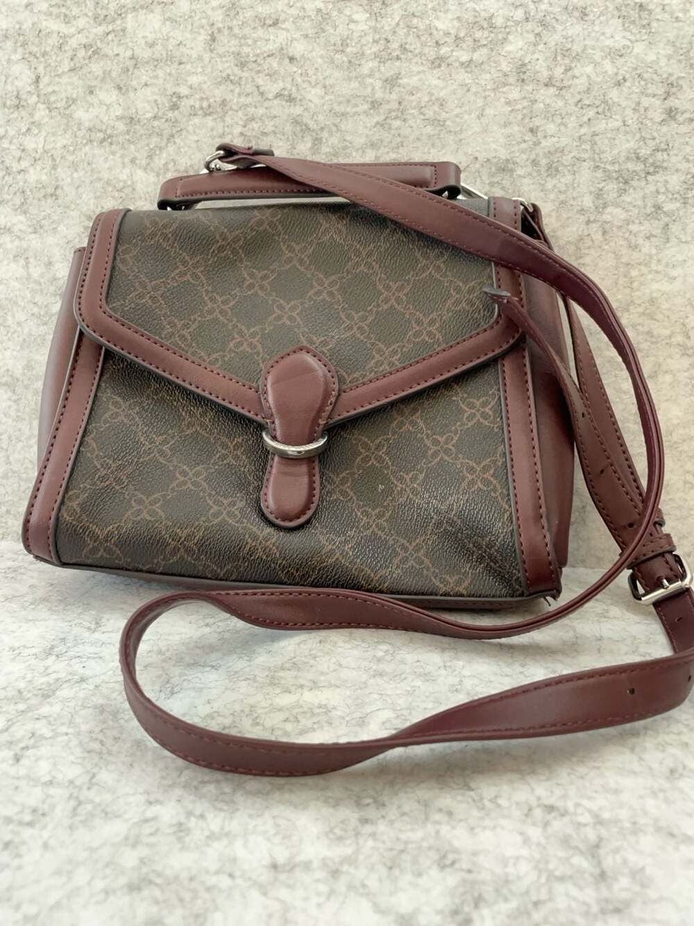 Nine West Monogram Print Structured Satchel Handbag in Brown and Burgundy